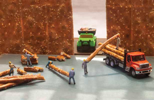 Next Percy saw workers building houses out of pretzel logs.