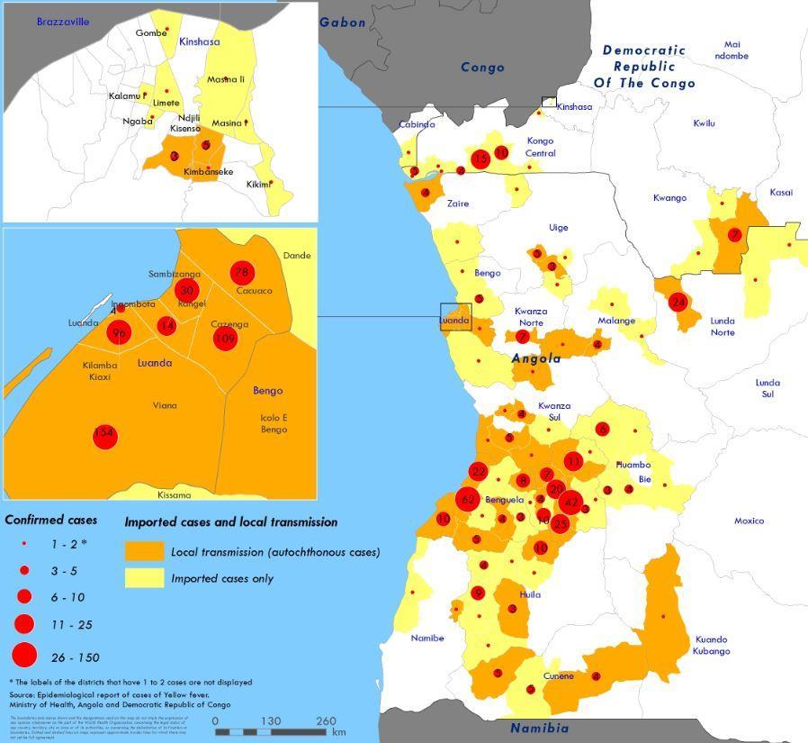 Figure 3. Distribution of yellow fever confirmed cases in Angola and Democratic Republic of The Congo Data is as of 8 July for Angola and 28 June for Democratic Republic of The Congo.