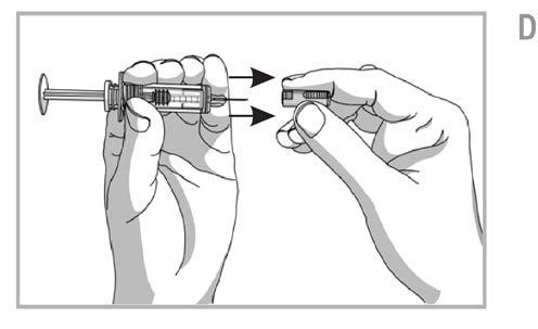 Prepare the syringe and needle: 1. Always hold the prefilled syringe by the body of the syringe. Hold the syringe with covered needle pointing down. See Figure C.