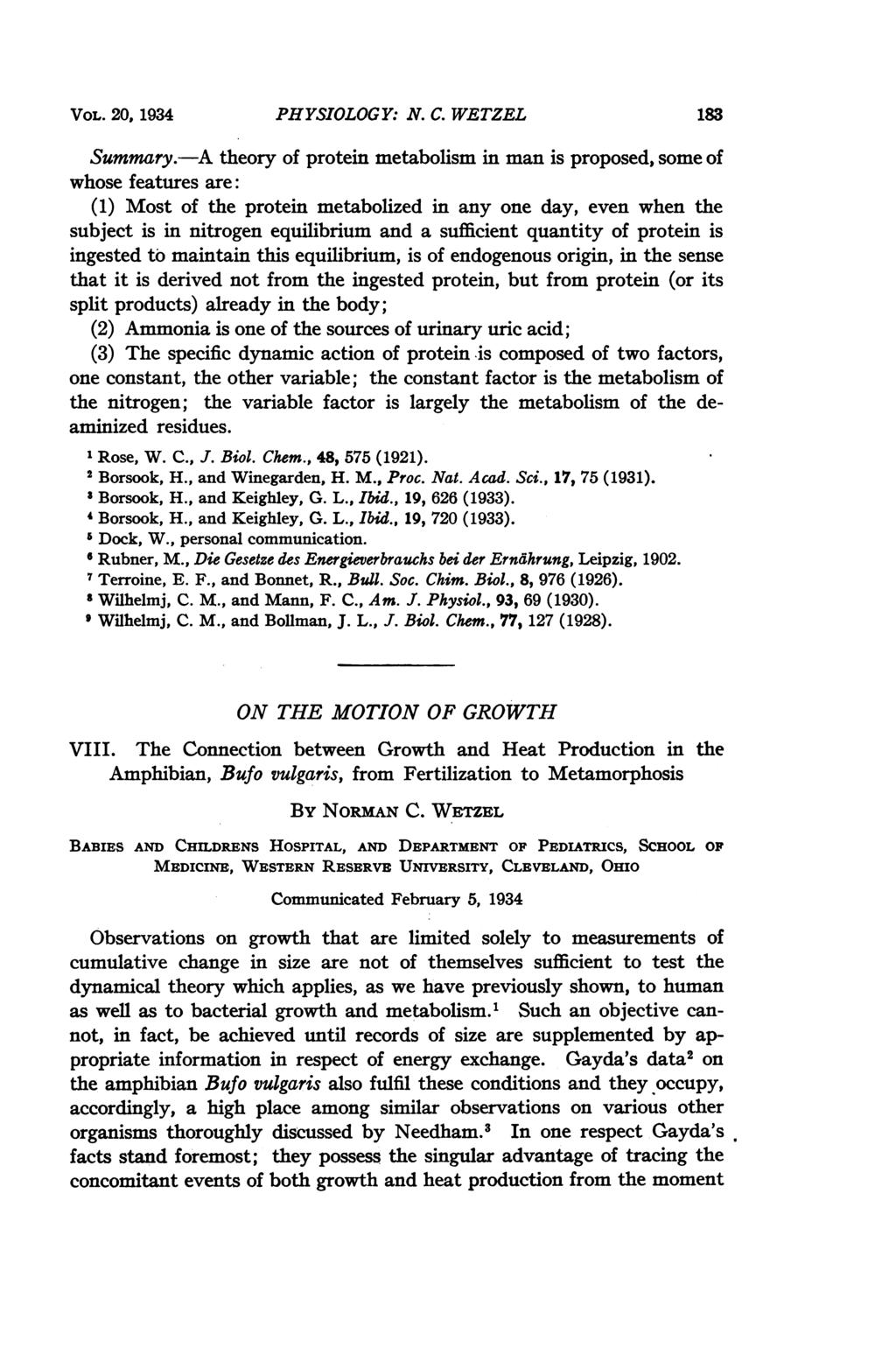 VOL. 20, 1934 PHYSIOLOGY: N. C. WETZEL 183 Summary.