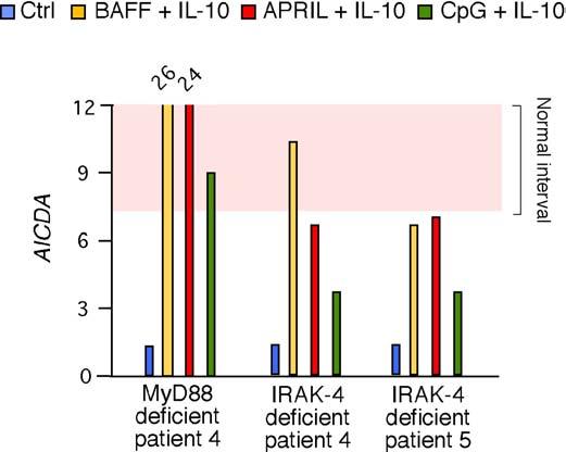 Figure 13. TACI induction of AID is conserved or only marginally blunted in some patients with MyD88 or IRAK-4 deficiency.