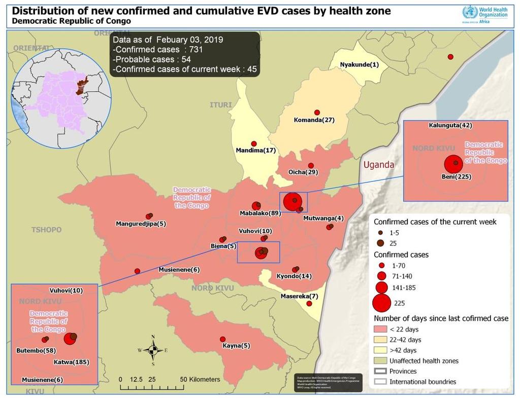 Figure 1: Geographical distribution of confirmed and probable Ebola virus disease cases in North Kivu and Ituri