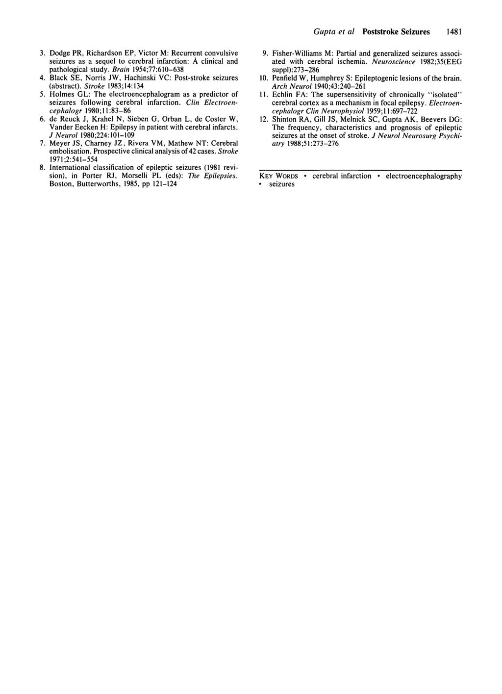 Gupta et al Poststroke Seizures 48. Dodge PR, Richardson EP, Victor M: Recurrent convulsive as a sequel to cerebral infarction: A clinical and pathological study, flram 94/:6-68 4.
