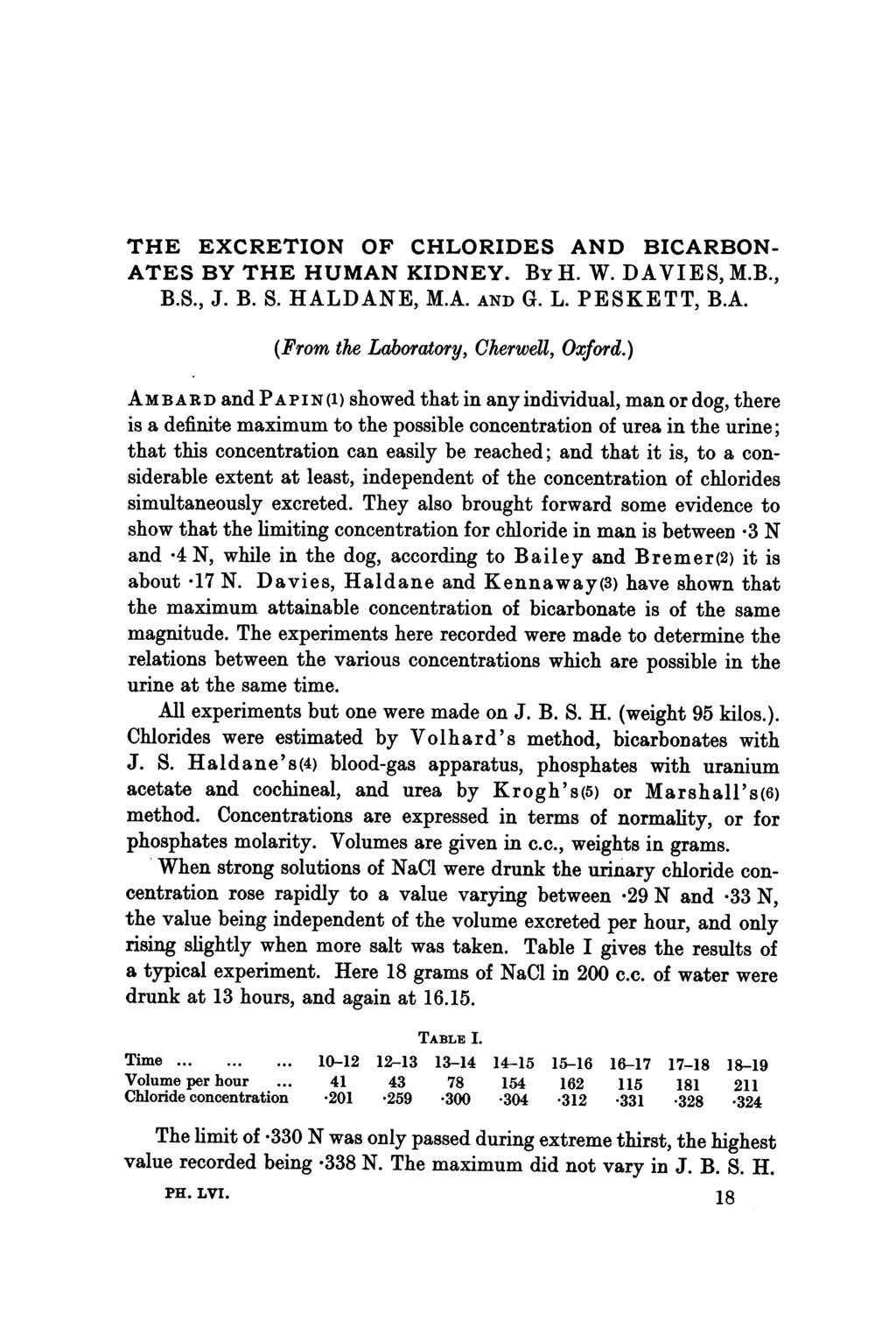 THE EXCRETION OF CHLORIDES AND BICARBON- ATES BY THE HUMAN KIDNEY. BY H. W. DAVIES, M.B., B.S., J. B. S. HALDANE, M.A. AND G. L. PESKETT, B.A. (From the Laboratory, Cherwell, Oxford.