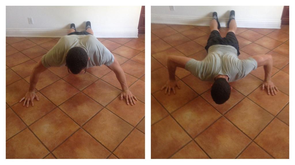 Wide Grip Pushups 1. Start with your hands placed just outside shoulder width apart. 2.