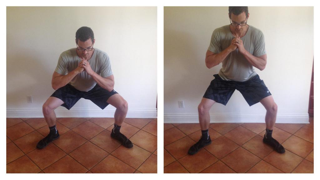 Wide Stance Squat Pulsars 1. Place your feet just outside shoulder-width apart with your toes pointed at a 45 degree angle outwards. 2.