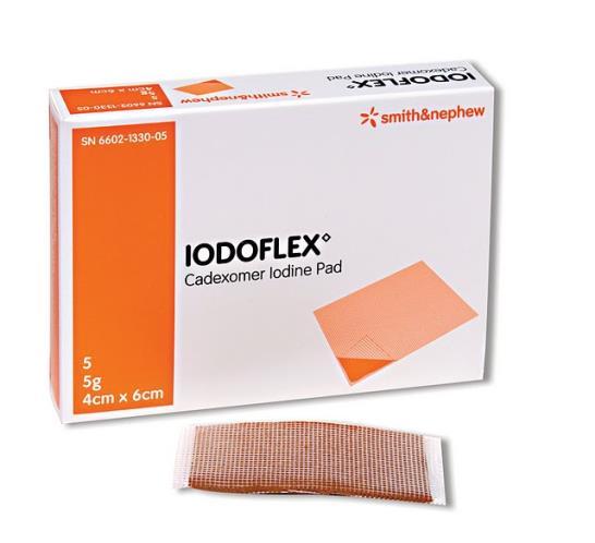 Cadexomer iodine Iodoflex, type of paste sandwiched in gauze Iodosorb tube Iodine is drawn into the wound to