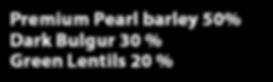 Premium Pearl barley 50% Dark Bulgur 30 % Red Lentils 20 % Cooking time 18 min Premium Pearl
