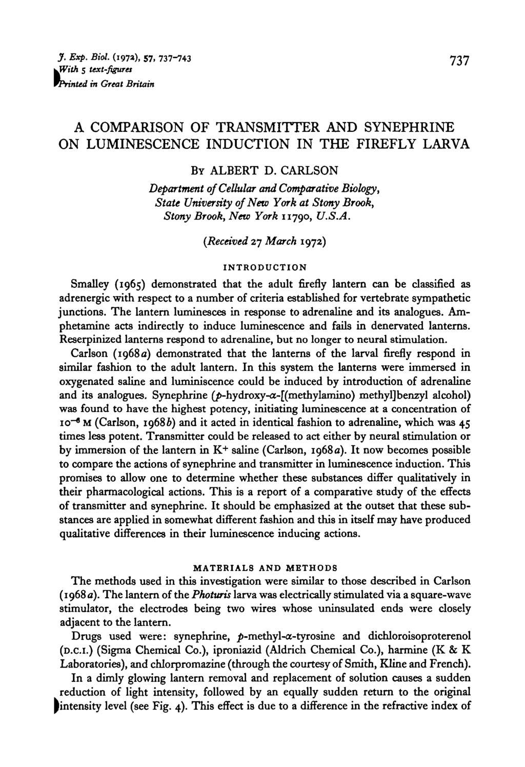J. Exp. Biol. (197a), 57. 737-743 737 ^Vith 5 text-figures WPrinted in Great Britain A COMPARISON OF TRANSMITTER AND SYNEPHRINE ON LUMINESCENCE INDUCTION IN THE FIREFLY LARVA BY ALBERT D.