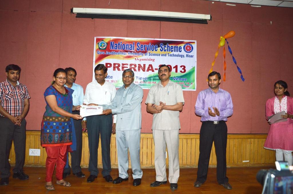 PRERNA-2013 (15-05-2013) National Service Scheme of Guru Jambheshwar University of Science & Technology, Hisar organised a programme PRERNA-2013 on 15-05-2013 for providing NSS merit certificates to