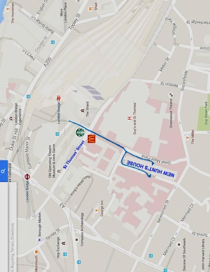 The map indicates the route (blue line) from London Bridge Station at street level, past the base of the Shard, past