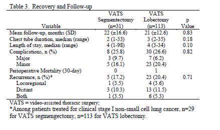 Thoracoscopic Segmentectomy Compares Favorably with Thoracoscopic Lobectomy For Small Stage I