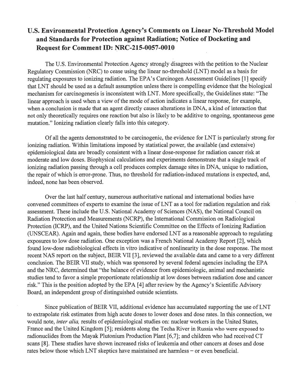 U.S. Environmental Protection Agency's Comments on Linear No-Threshold Model and Standards for Protection against Radiation; Notice of Docketing and Request for Comment ID: NRC-215-0057-0010 The U.S.
