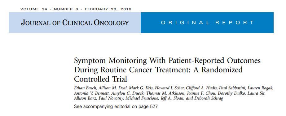 Example Basch: PRO monitoring 766 patients with advanced solid cancer starting chemo Randomised to weekly online
