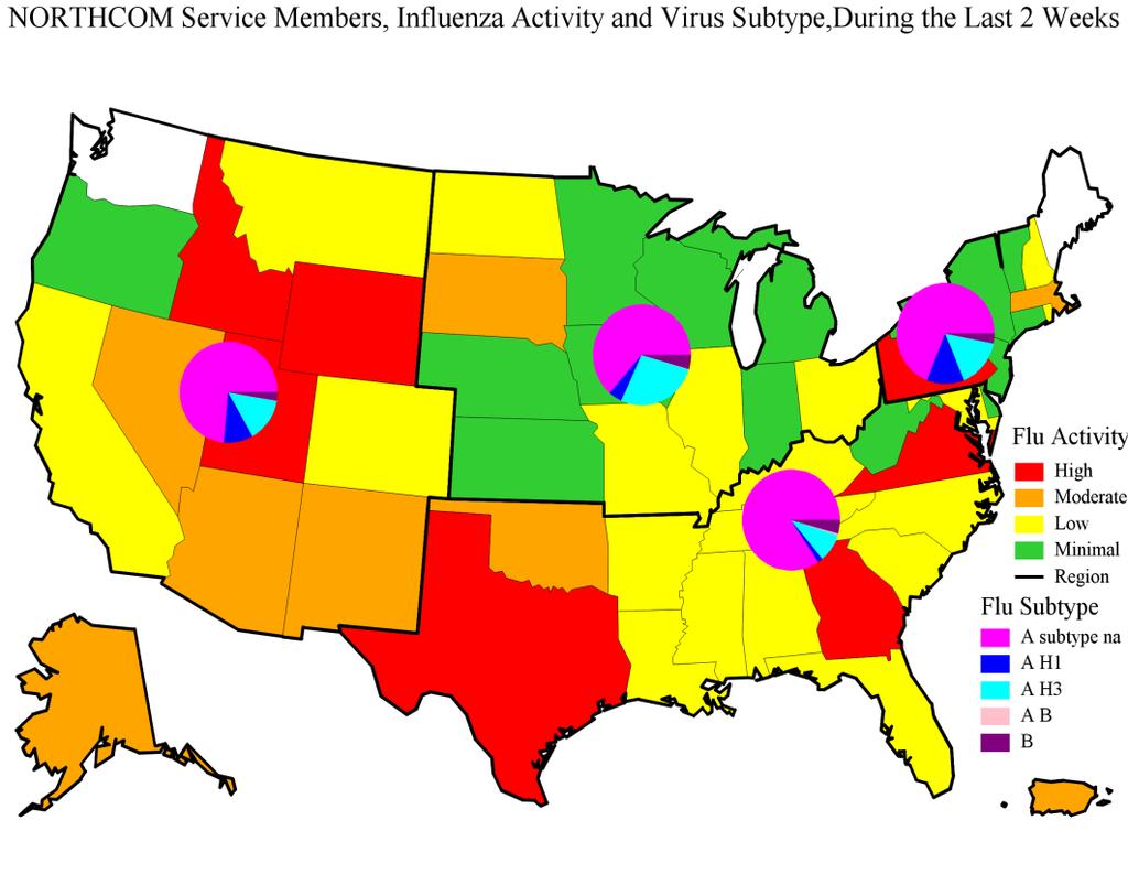 Twelve influenza hospitalizations (RMEs) were reported among service members (3) and other beneficiaries (9) for (Season totals: 30 Service members and 179 other beneficiaries) 2018 2019 NORTHCOM