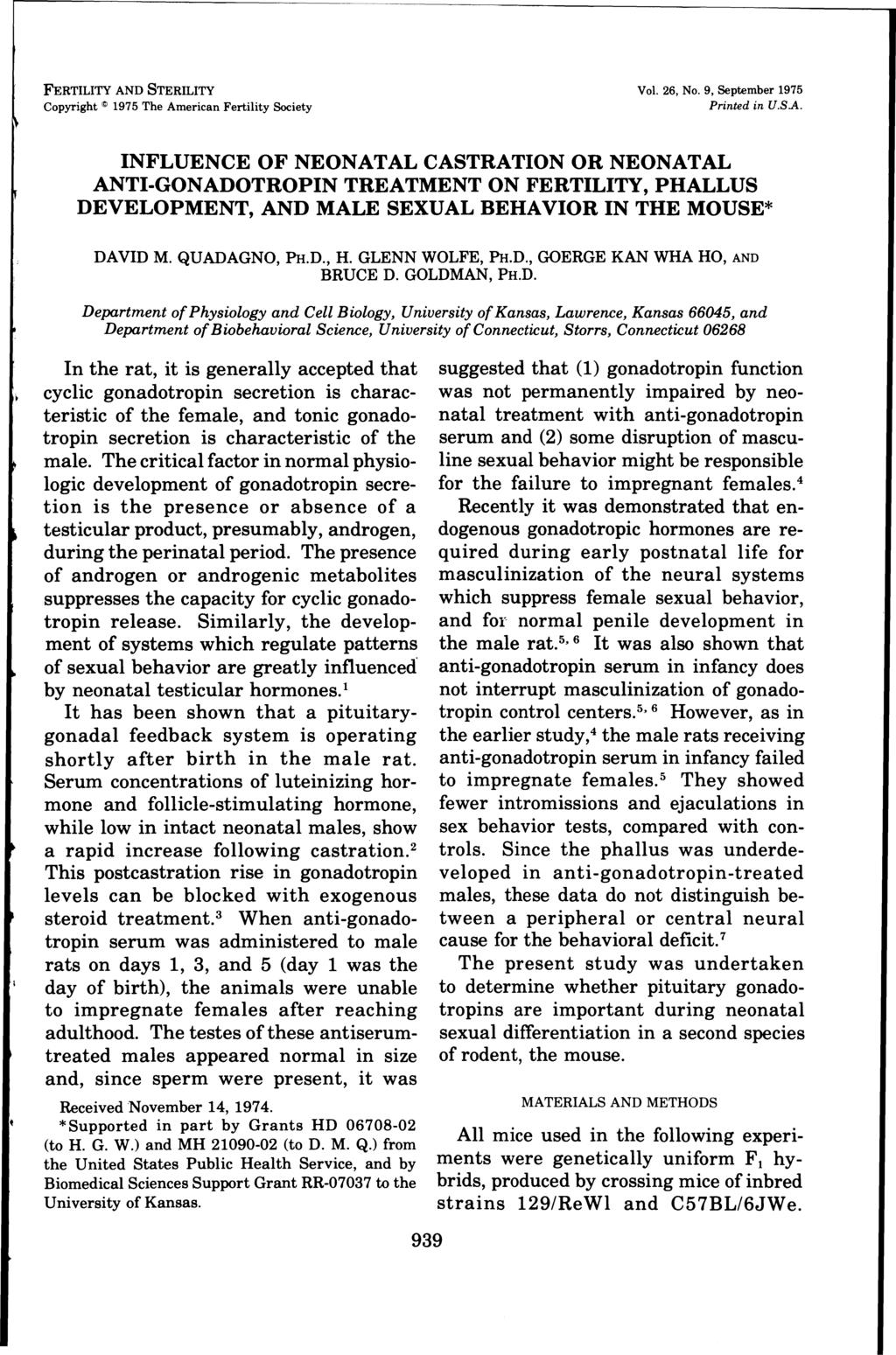 FERTILITY AND STERILITY Copyright 1975 The American Fertility Society Vol. 26, No.9. September 1975 Printed in U.SA.