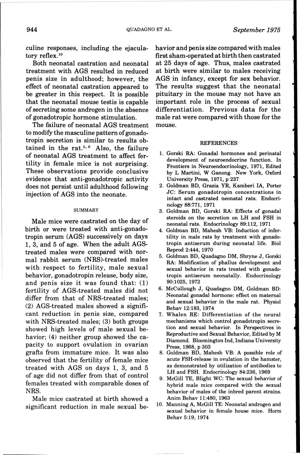 944 QUADAGNO ET AL. September 1975 culine responses, including the ejaculatory reflex.