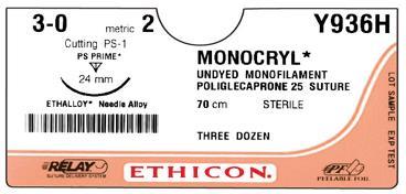 MONOCRYL* Poliglecaprone 25 Suture Knot security of a braid Easy to handle and tie Low tissue reaction Extremely strong Monofilament Smooth