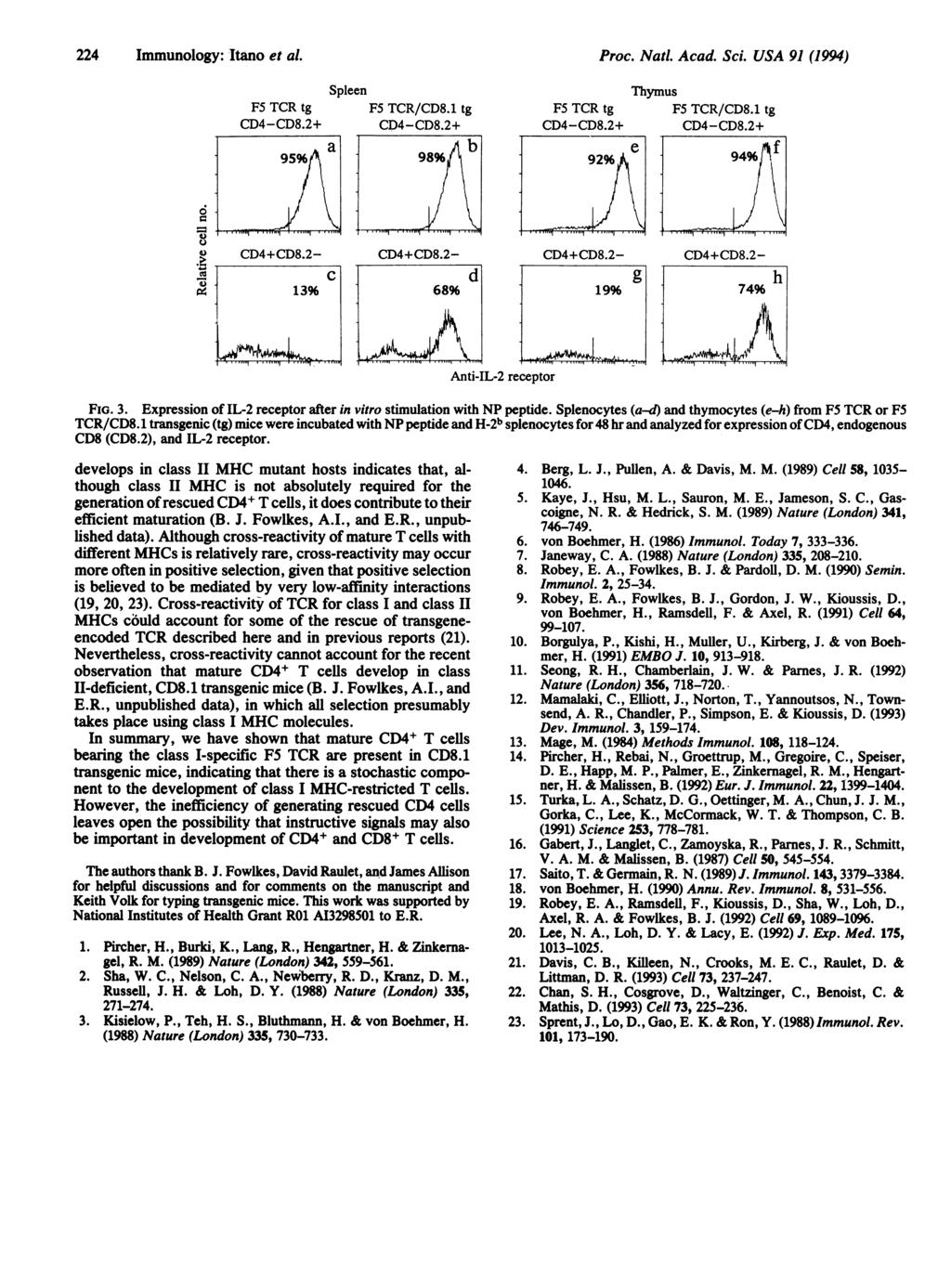 224 Immunology:,Itano et al Spleen Proc. Natl. Acad. Sci. USA 91 (1994) Thymus 6, u U, D4+C8I... -. 94 13% 74% h I lx Anti-IL-2 receptor I >YI FIG. 3.