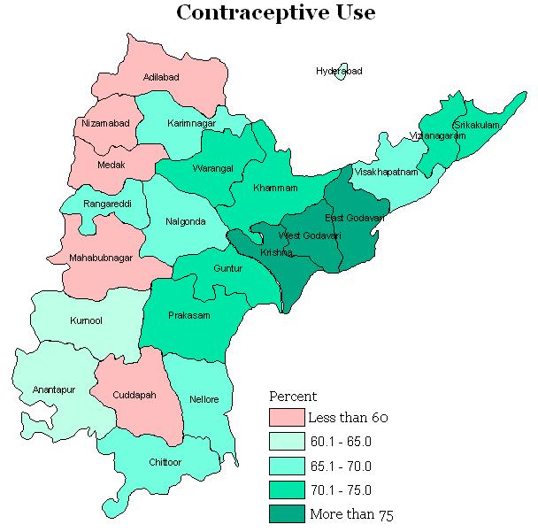 Fig. 5:District-wise contraceptive use in Andhra Pradesh (percentage) Source: Ministry of Health and Family Welfare, Government of India, 2007-08 As per above figure.