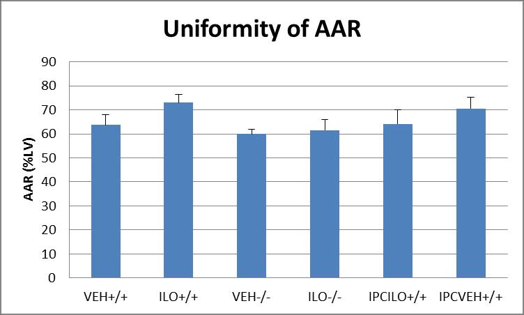 6.7 Area at isk 6 6 6 7 6 5 Figure 6.8 Uniformity of area at risk amongst all treatment allocations Area at risk expressed as mean value +/- SEM, as a percentage of the left ventricle.