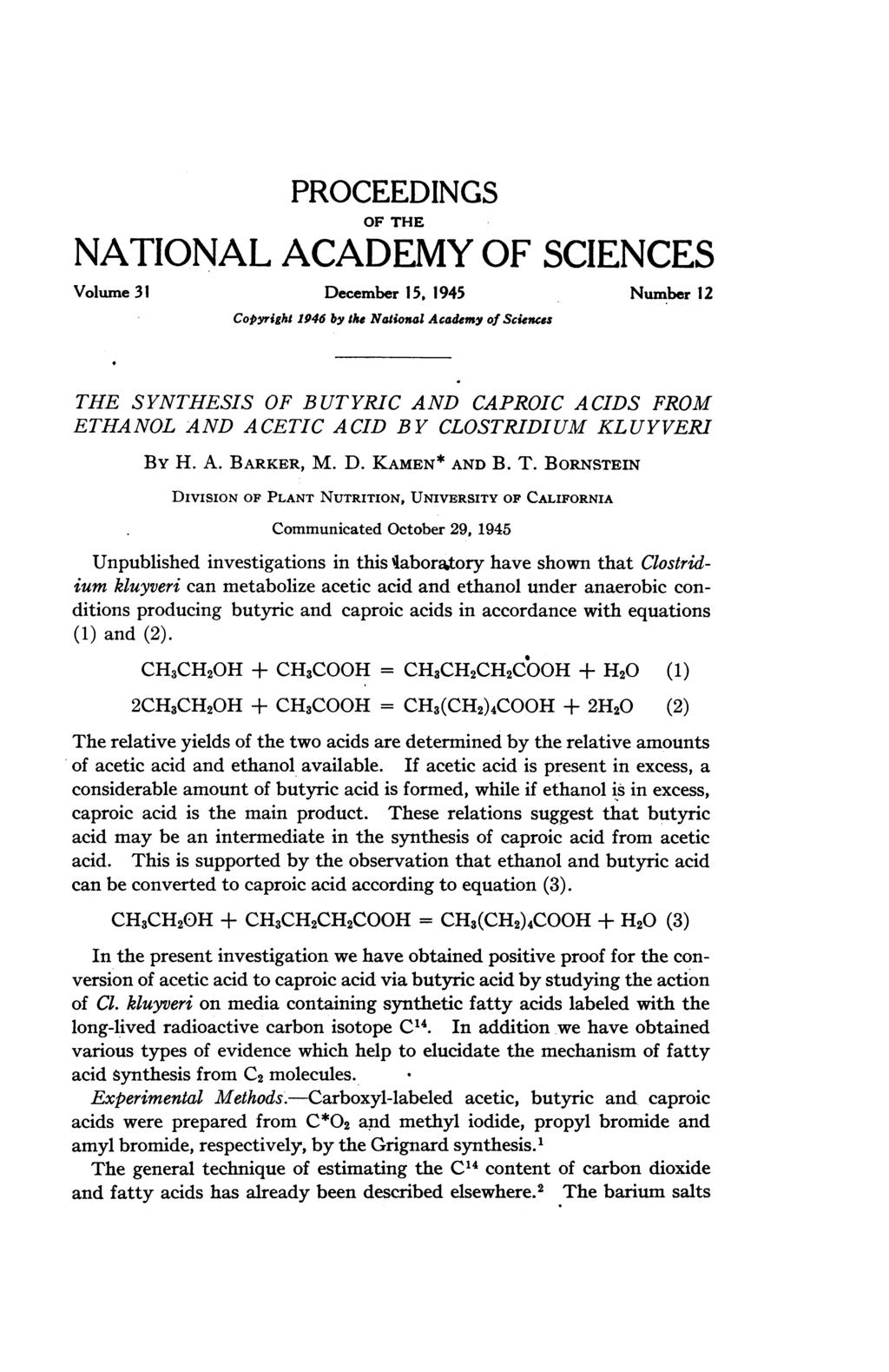 PROCEEDINGS OF THE NATIONAL ACADEMY OF SCIENCES Volume 31 December 15.