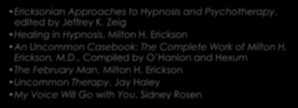 Erickson, Wikipedia Books: Ericksonian Approaches to Hypnosis and Psychotherapy, edited by Jeffrey K. Zeig Healing in Hypnosis, Milton H.