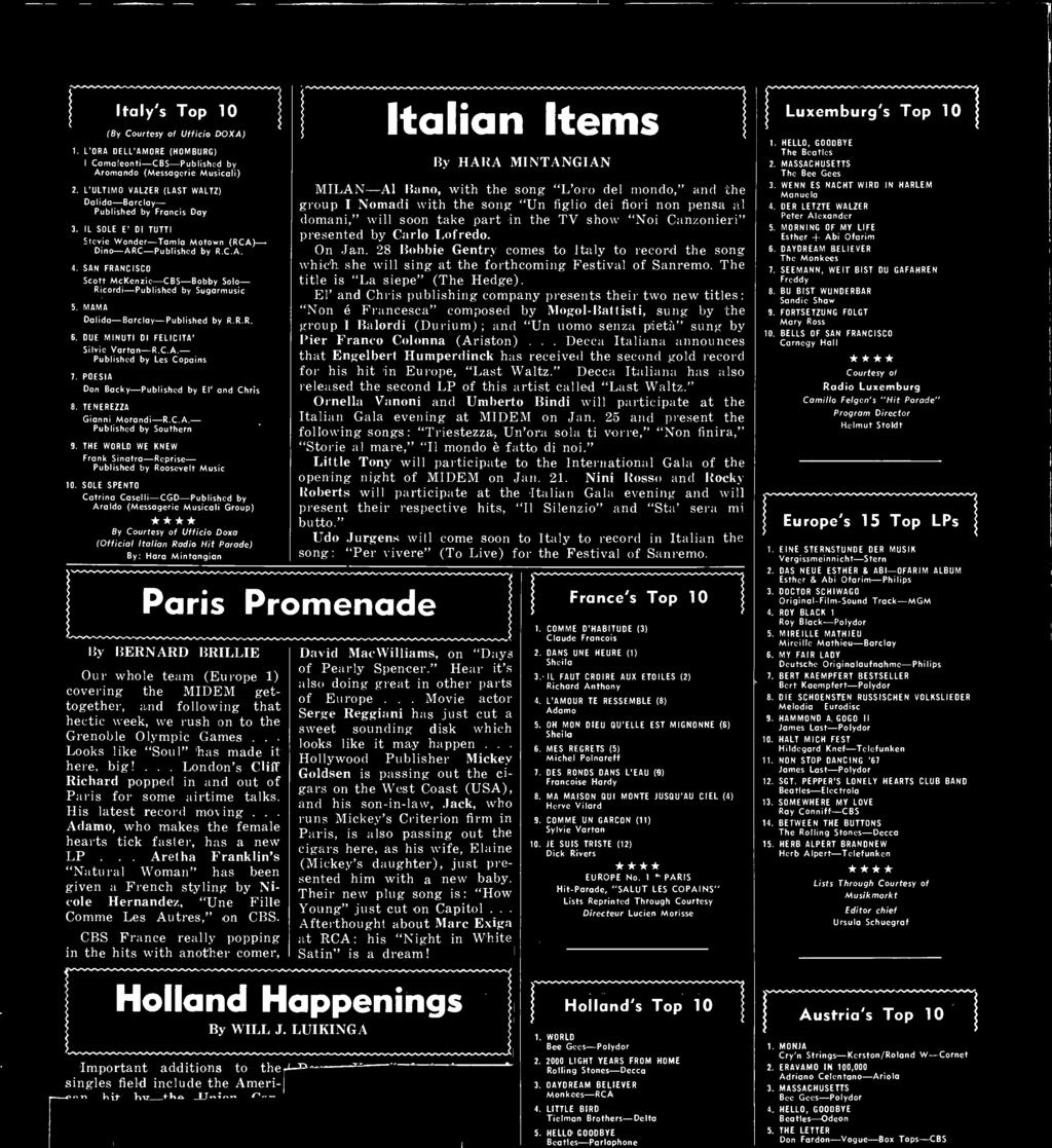 Dalida-Barclay-Published by RRR 6 DUE MINUTI DI FELICITA' Silvie Vartan-RCA- Published by Les Copains 7 POESIA Don Backy-Published by El' and Chris 8 TENEREZZA Gianni Morandi-RCA- Published by