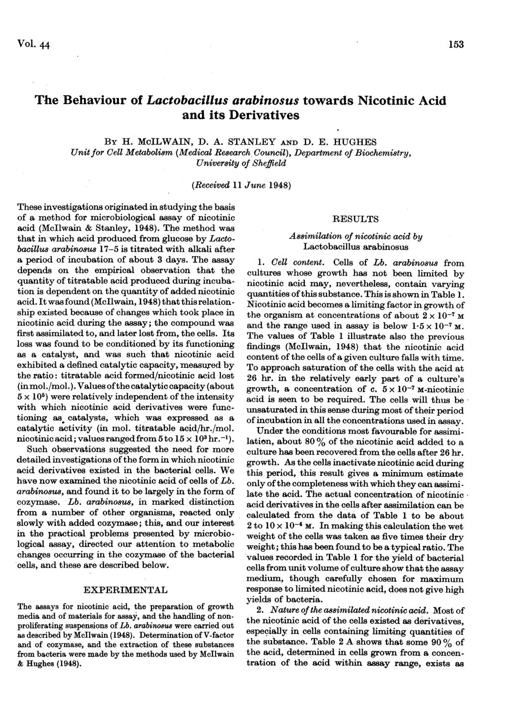 Vol. 44 153 The Behaviour of Lactobacillus arabinosus towards Nicotinic Acid and its Derivatives By H. McILWAIN, D. A. STANLEY AND D. E.