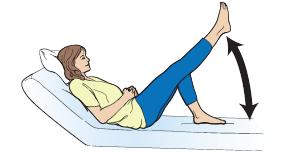 Slowly lower your right leg onto the bed and relax the leg. 5. Repeat 10 times. 6. Switch legs and repeat the exercise.
