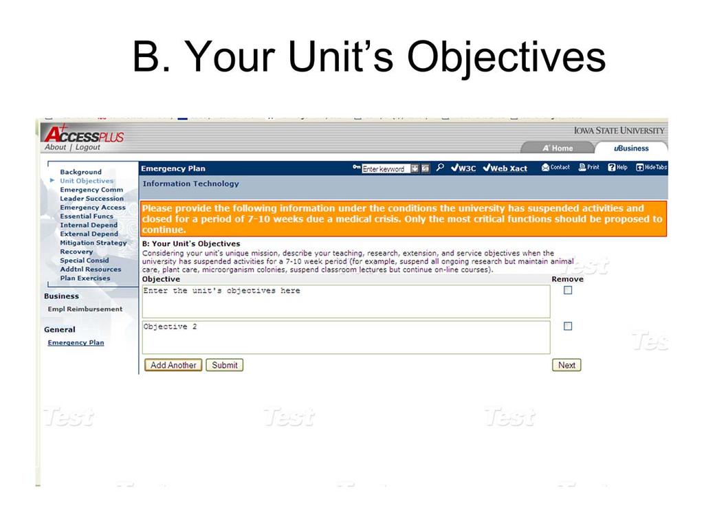The unit objective document collects information on what are your overarching goals that need to be fulfilled when the University has suspended