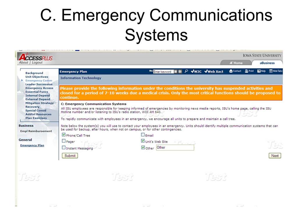 The Emergency Communications template collects detail about the intended means to communicate with colleagues during a pandemic.