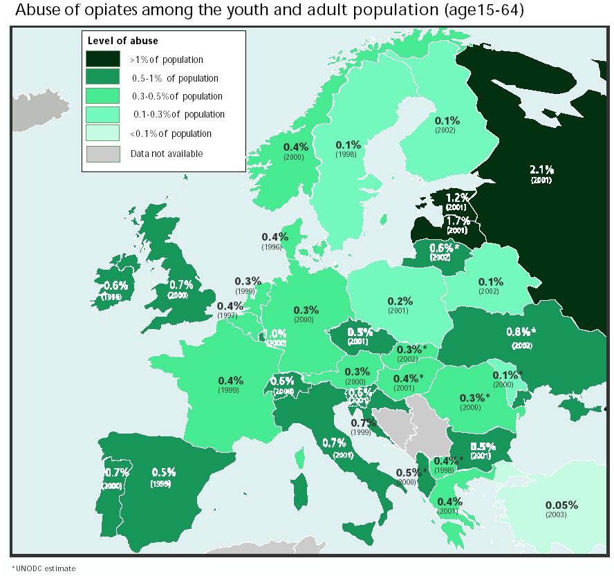 Heroin: EU-15: 1.21 million or 0.48% EU-25: 1.41 million or 0.