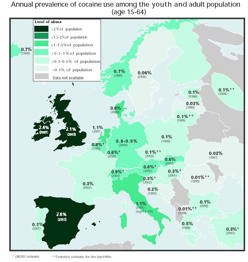 Cocaine: 0.2% (2000) EU-15: 2.9 million or 1.