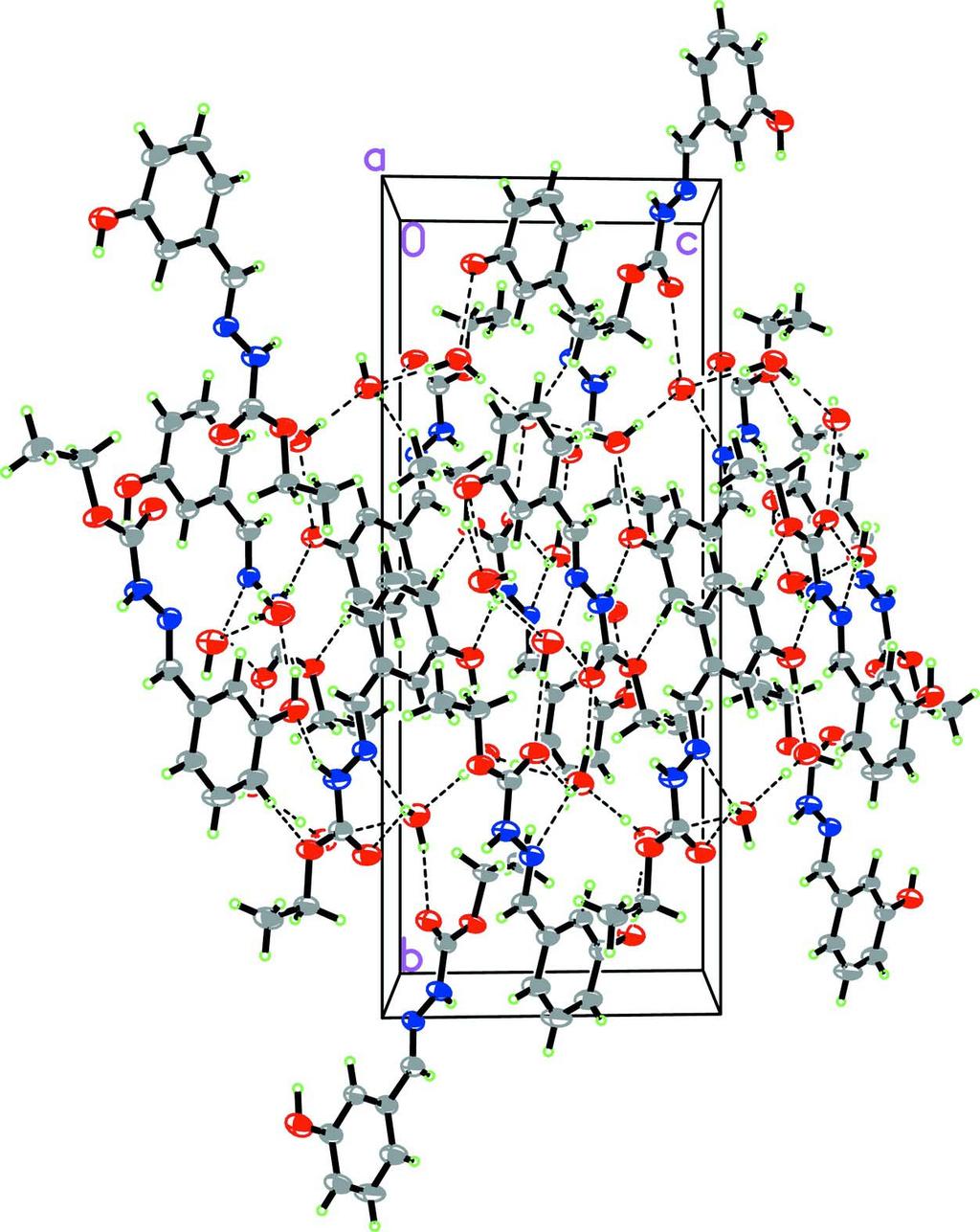 Figure 2 Crystal packing of the title compound, viewed approximately down the a axis. Dashed lines indicate hydrogen bonds. H atoms not intervening in H-bonding were eliminated for clarity.