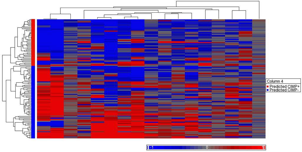 Genes Glioma samples CIMP status Predicted CIMP+ Predicted CIMP- Supplementary Figure 9 Identification of predicted CIMP groups in Rembrandt validation cohort.