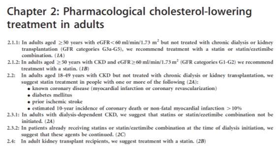 Lipid control and antiplatelet therapy No specific lipid targets are established in CKD patients -> treat in accordance with guidelines for other highrisk populations Antiplatelet therapy should be