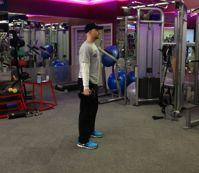 Finishers 9-12 Javelin Lunge Stand with your feet just outside shoulder width apart holding a pair of dumbbells.