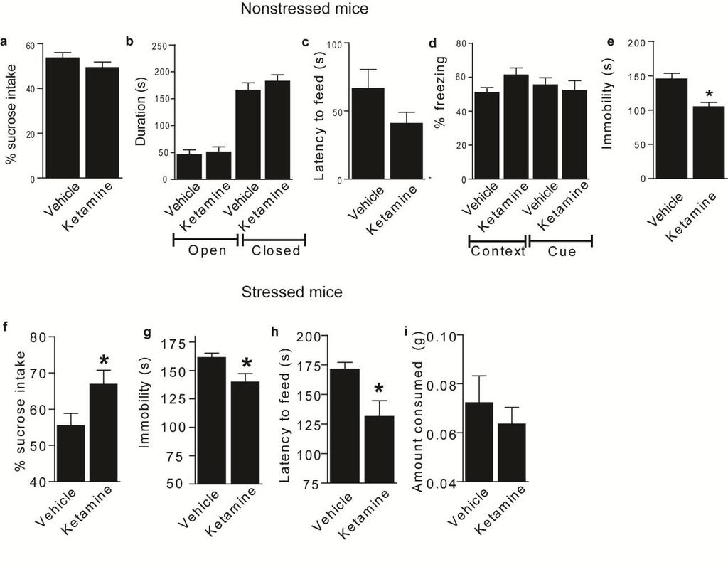 Supplementary Figure 1. Behavioural effects of ketamine in non-stressed and stressed mice. Naive C57BL/6 adult male mice (n=10/group) were given a single dose of saline vehicle or ketamine (3.