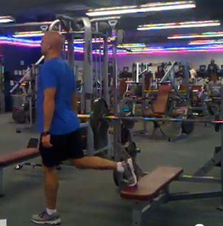 Bulgarian Split Squat Stand with your feet shoulder-width apart. Hold dumbells in each hand if needed. Place the instep of one foot on a bench.