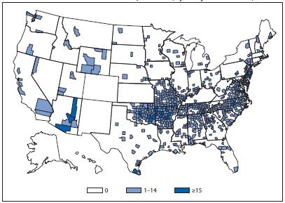 SPOTTED FEVER RICHKETTSIOSIS, Number of reported cases, by county US 2011 CDC.