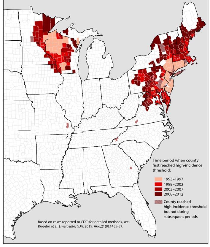 Geographic expansion of Lyme disease risk United States, 1993-2012 High-incidence counties identified for each of four 5-year time periods High-incidence defined as county in high-risk spatial