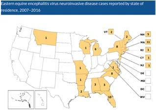 EASTERN EQUINE ENCEPHALITIS NEUROINVASIVE DISEASE # of U.S. cases, 27 216 States where cases reported, 27 216 217