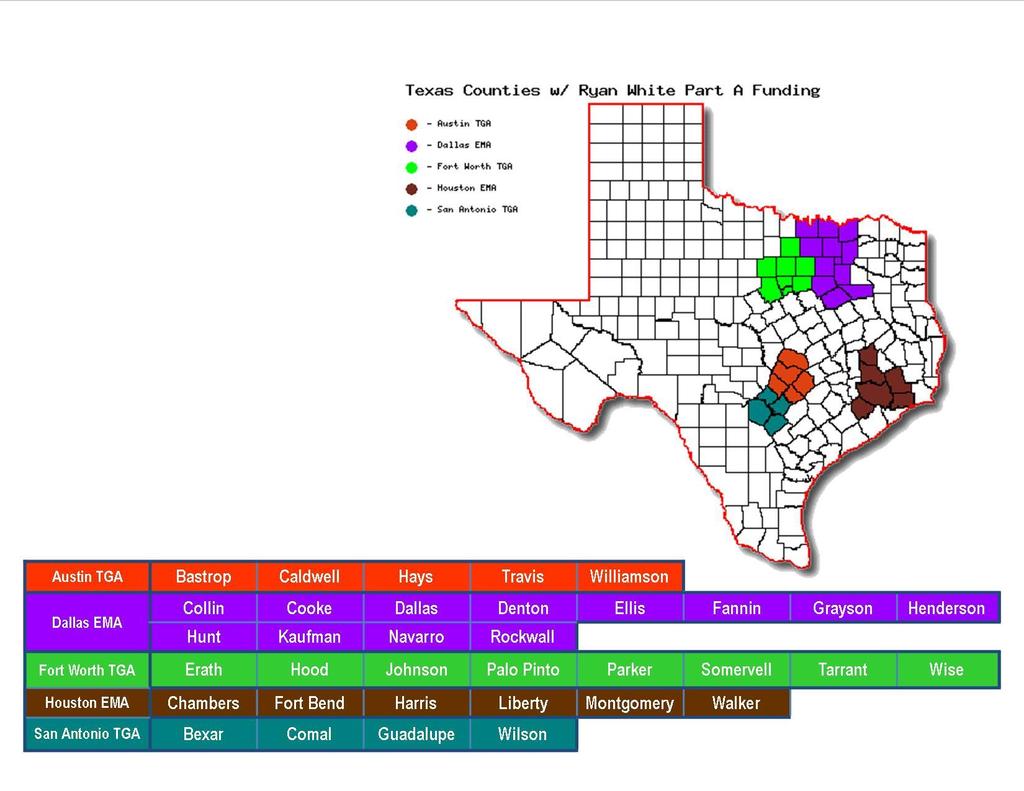 RWCA Part A Texas Grantees Two EMAs(Pop > 50k and >2000 new cases / 5 years) Dallas / 12 counties