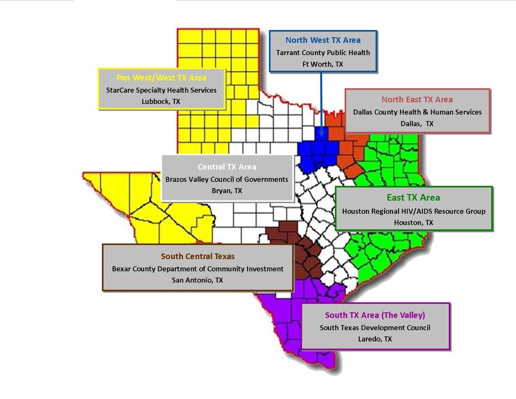 RWCA Part B Texas Grantee Texas Department of State Health Services Total Award for 2016: $102 million State divided into 7 Service Areas DSHS contracts with local providers HIV Administrative