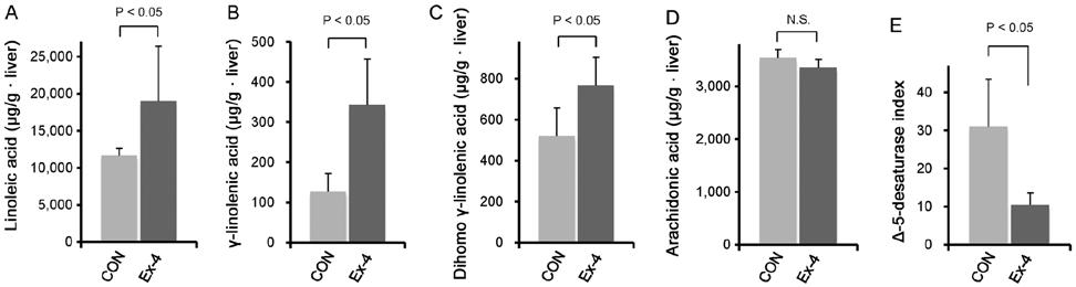 Effects of exendin 4 (Ex 4) on hepatic n 6 polyunsaturated fatty acids (PUFAs).
