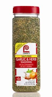 Lawry's Salt Free Garlic and Herb Seasoning Share Sodium per 1/4 tsp. serving 0 mg.