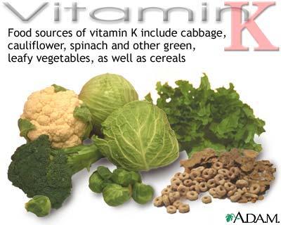Vitamin K deficiency Dietary sources: mainly in green vegetables and some fruits Essential for production of prothrombin and other factors involved in blood clotting Regular