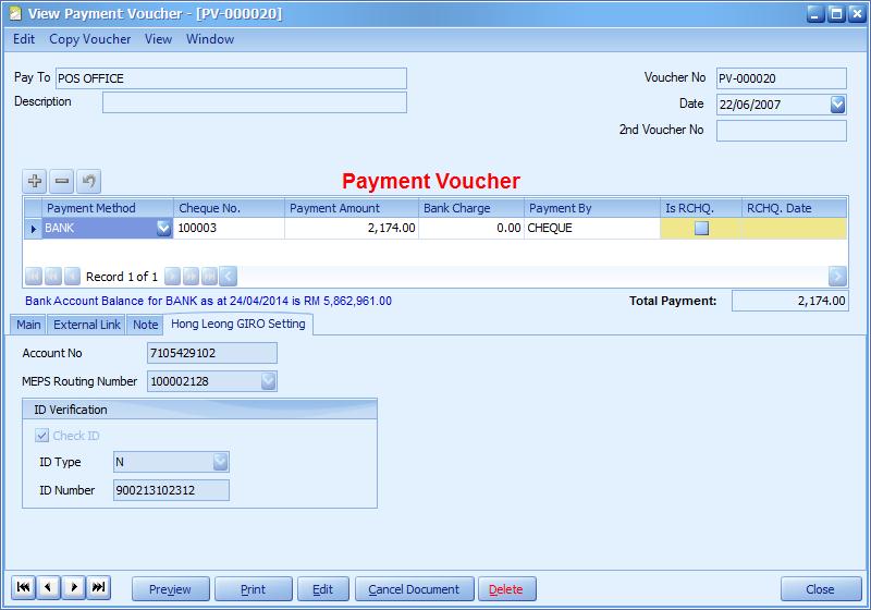 Cash Book is under G/L. The purpose of this step is to do Hong Leong GIRO setting for Cash Book. The user can create new Cash Book Payment Voucher or edit current payment.