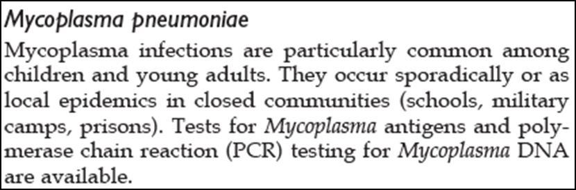 Mycoplasma pneumonia : no cell wall so penicillin resistant.